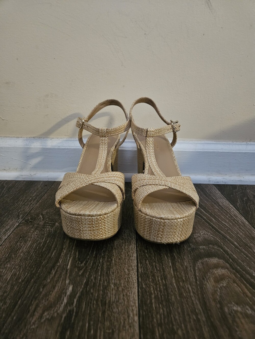 Sun + Stine Woven Platform T-Strap Sandals in Natural Beige, Size 8.5